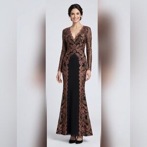 Tadashi Shoji Ashton Embroidered Lace Long Sleeve Gown in Copper Dust/Black Sz 6